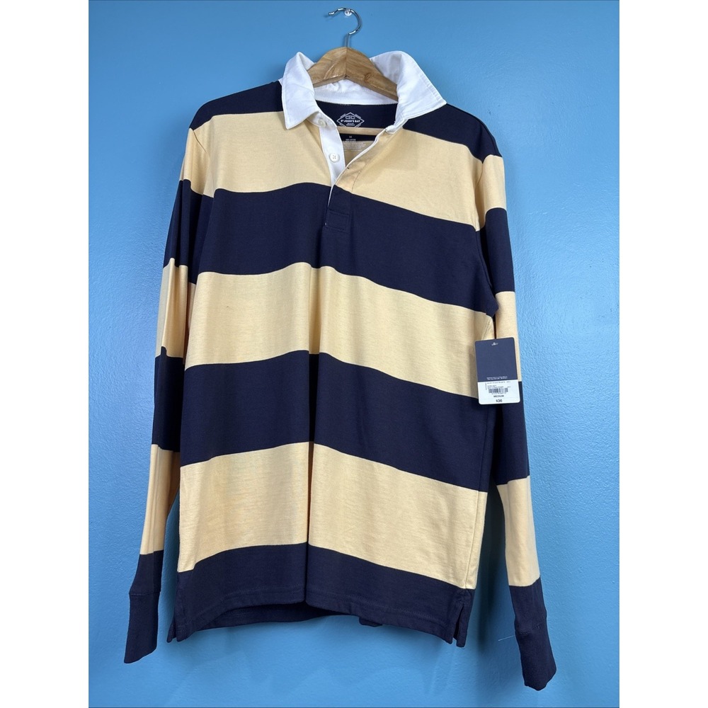 St John's Bay Rugby Polo Shirt Mens Medium Blue Gold Striped Long Sleeve